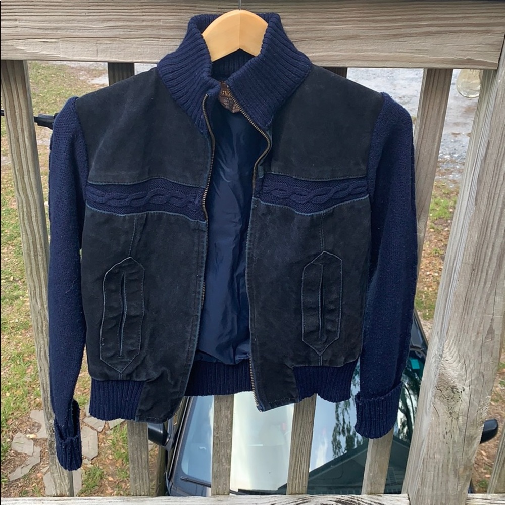 Vintage navy leather jacket with acrylic sleeves